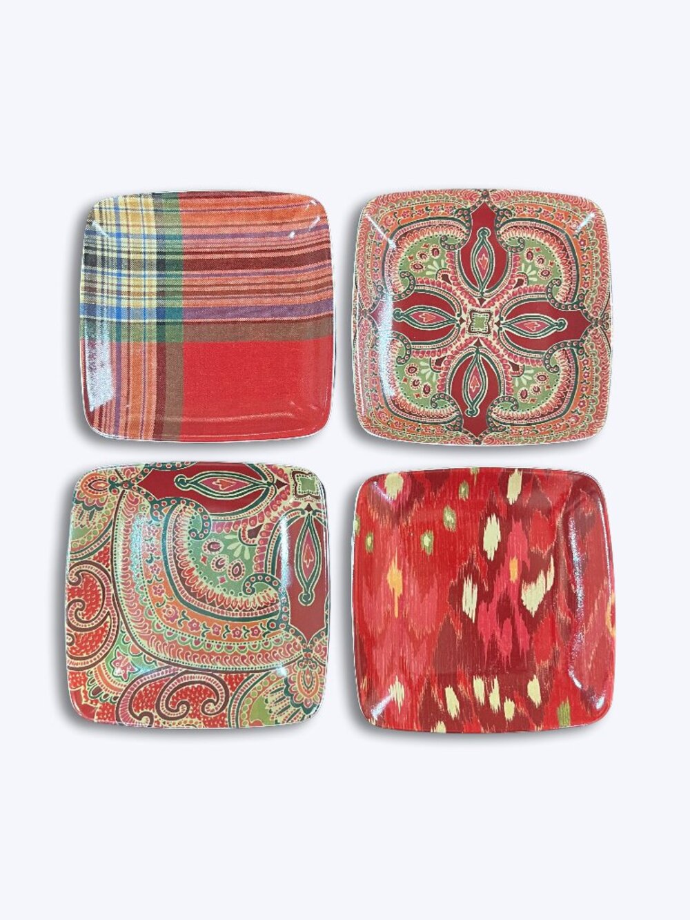 Pottery Barn Tidbit Plates Set 4 Red Paisley Plaid Ikat Square Snack Appetizer